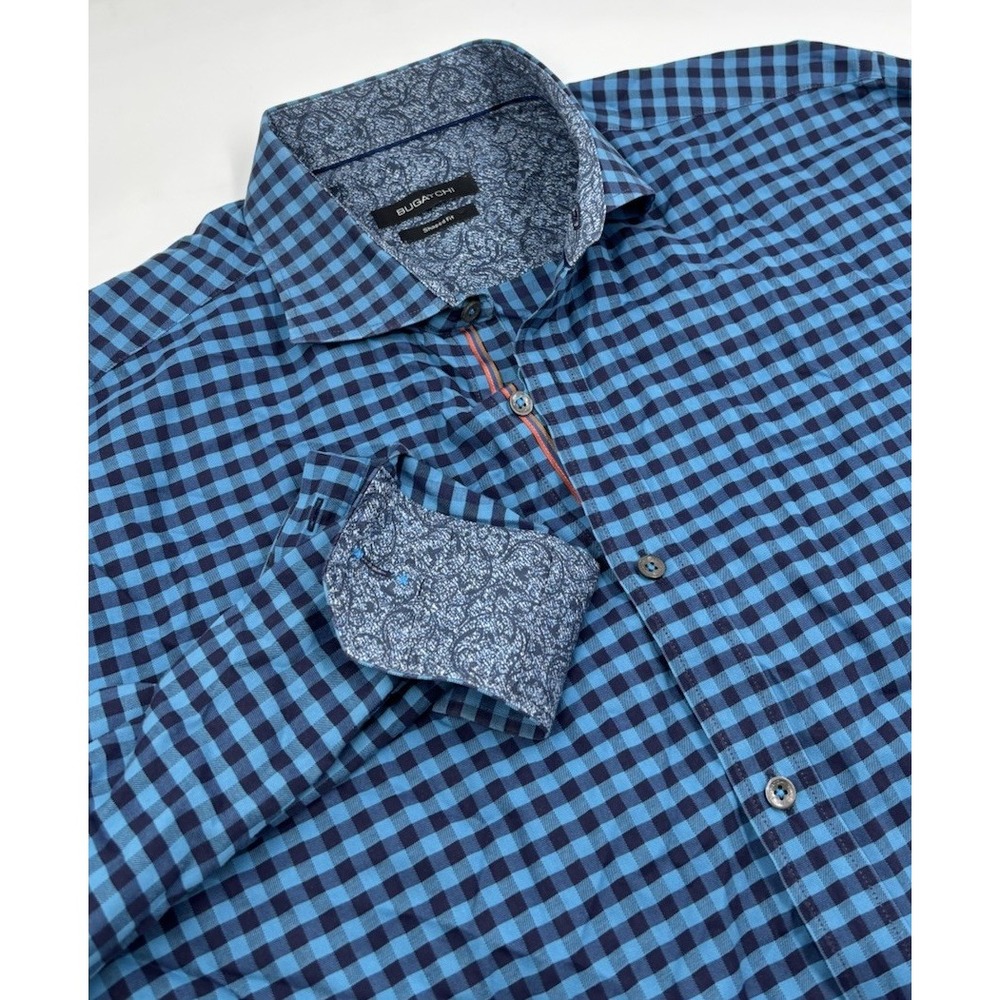 Bugatchi Men's L Shaped Fit Cotton Blue Plaid‎ Long Sleeve Flip Cuff Dress Shirt
